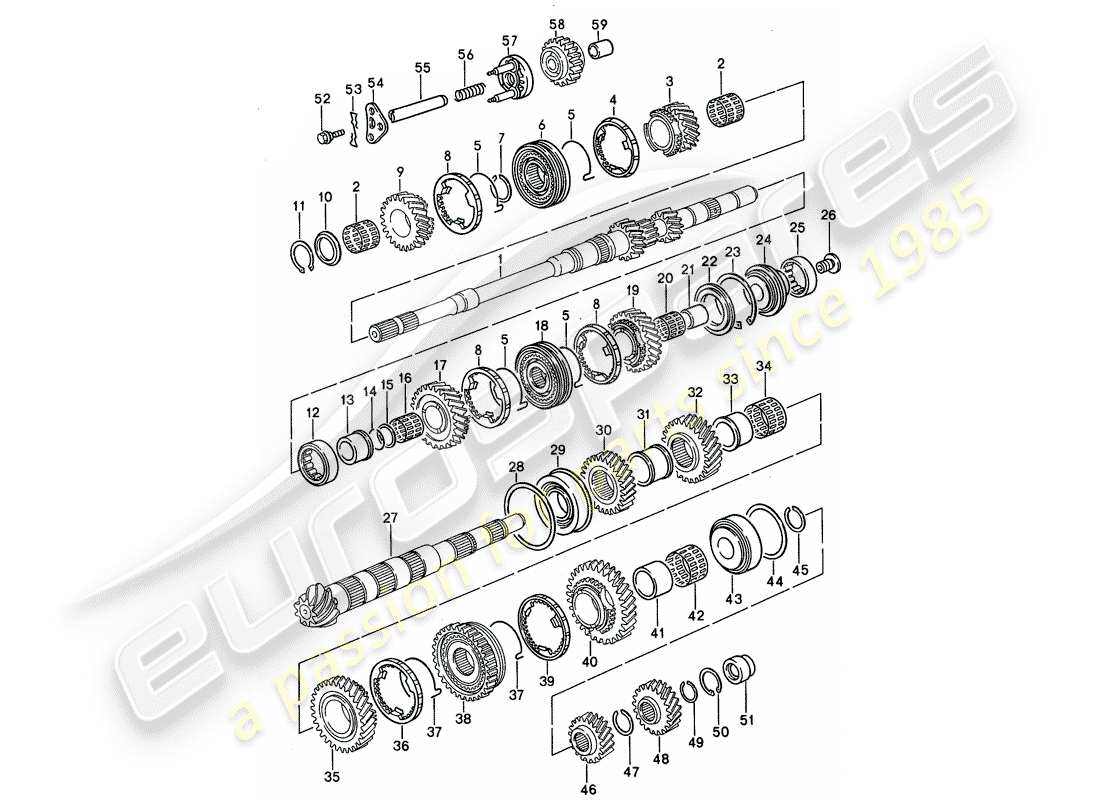 porsche 1992 (968) manual gearbox - gears and shafts part diagram