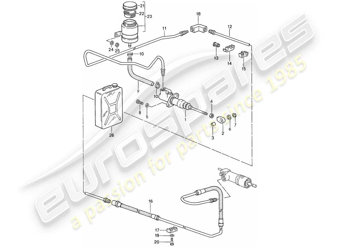 porsche 959 (1987) clutch actuation - clutch master cylinder - lines parts diagram