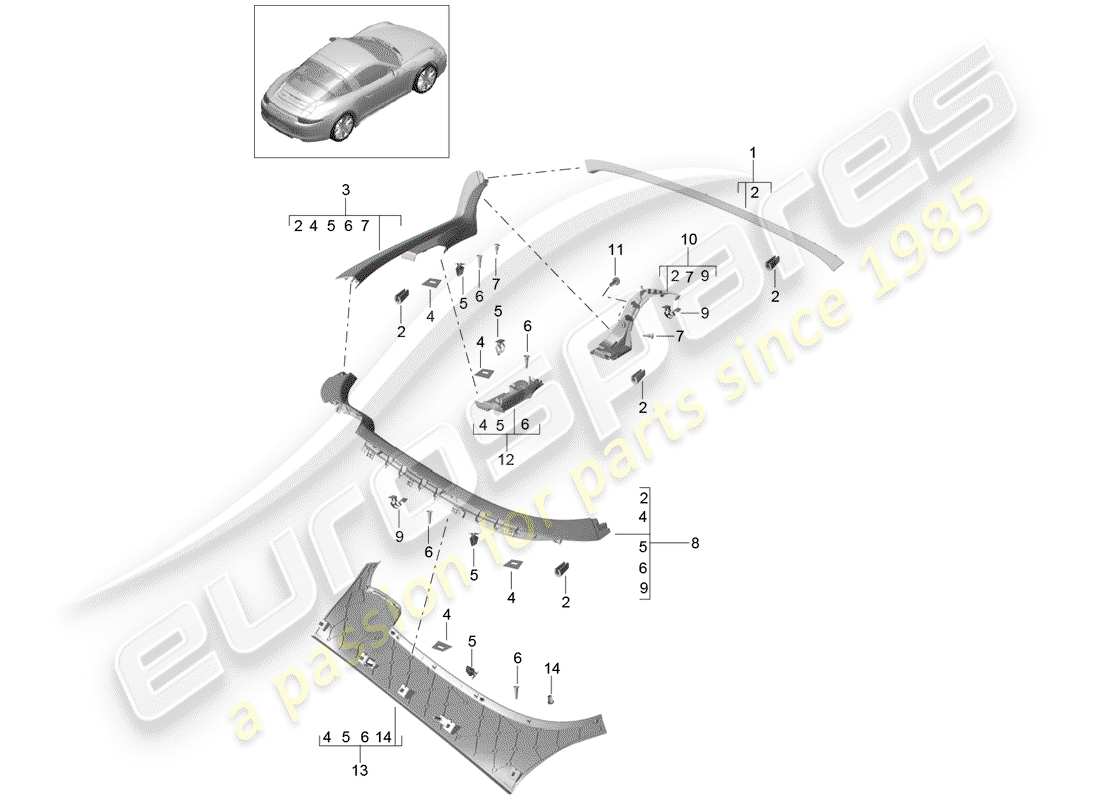 porsche 2016 (991-1) trims convertible top stowage box cover parts diagram