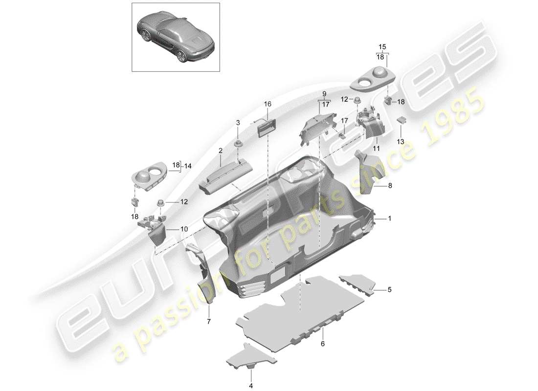 porsche 2015 (981 boxster) luggage boot trims rear parts diagram