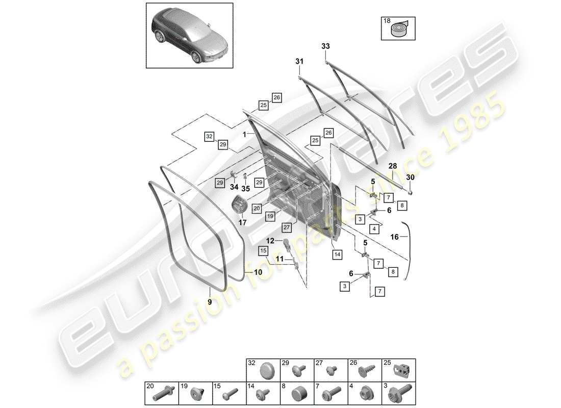 porsche 2019 (cayenne e3 9ya/9yb) door shell front gaskets coupe parts diagram