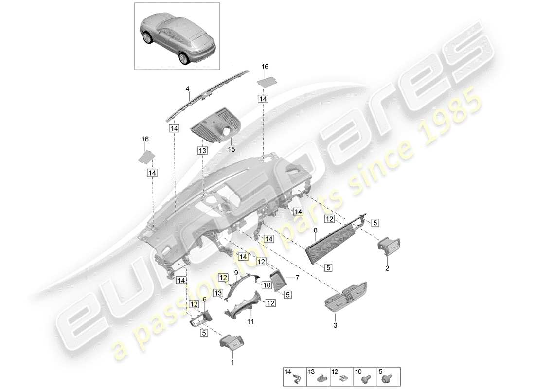 porsche 2019 (macan) accessories instrument panel trim upper part part diagram