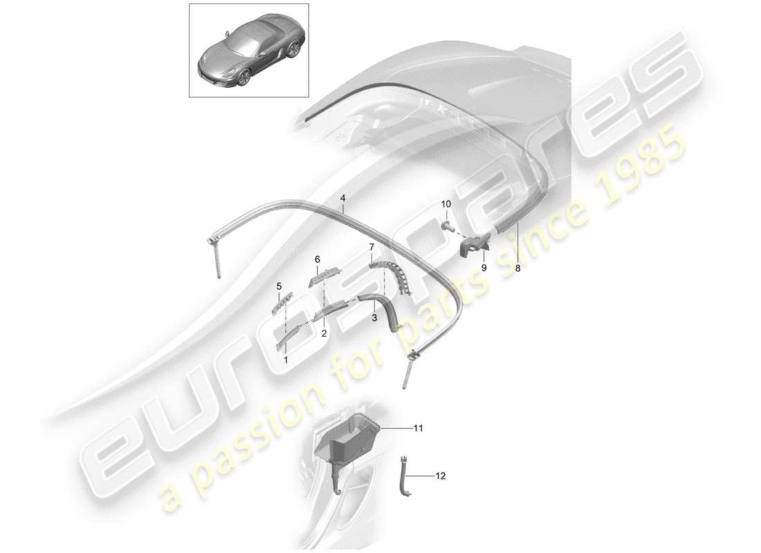 porsche 2013 (981 boxster) convertible top seal water collecting tray parts diagram