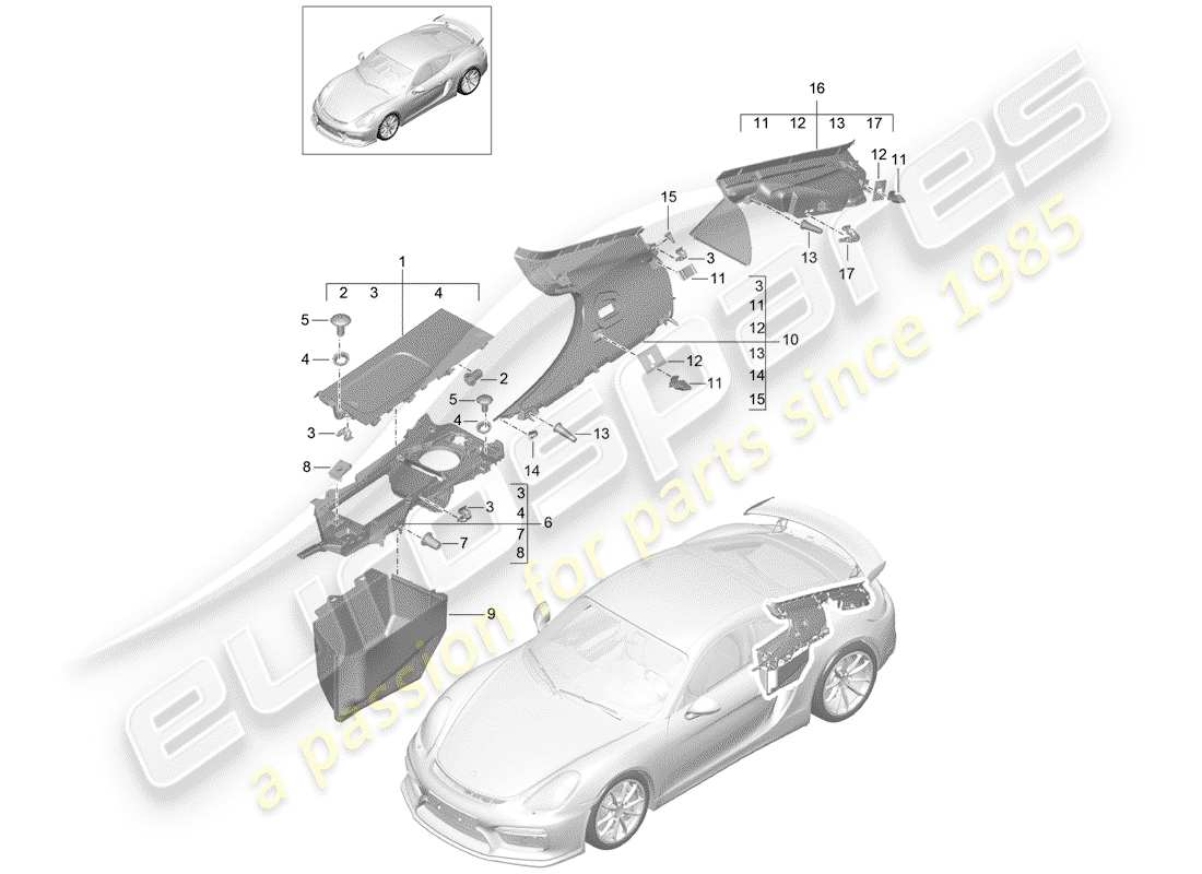 porsche 2016 (981 cayman gt4) trims side engine bay rear part diagram