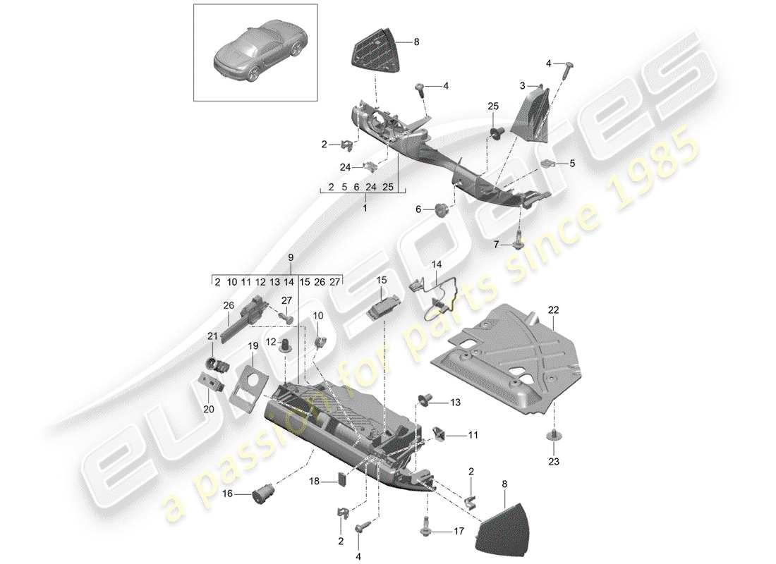 porsche 2013 (981 boxster) glove box and trim (drivers side) parts diagram