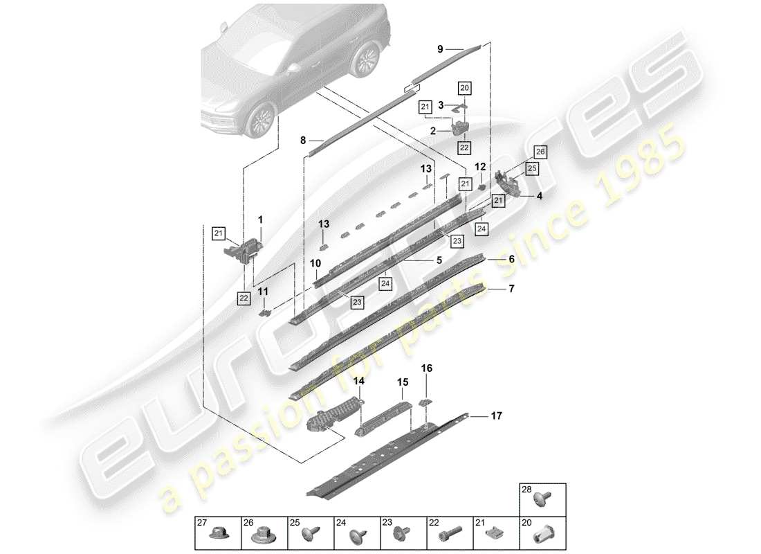 porsche 2019 (cayenne e3 9ya/9yb) side member trim accessories parts diagram