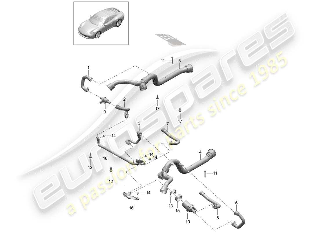 porsche 2014 (991-1 turbo) front axle differential coolant cooling system part diagram