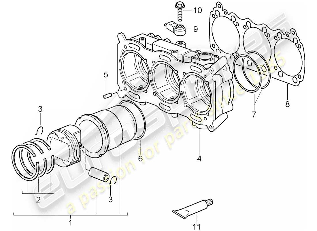 porsche 997 t/gt2 (2007) cylinder with pistons parts diagram