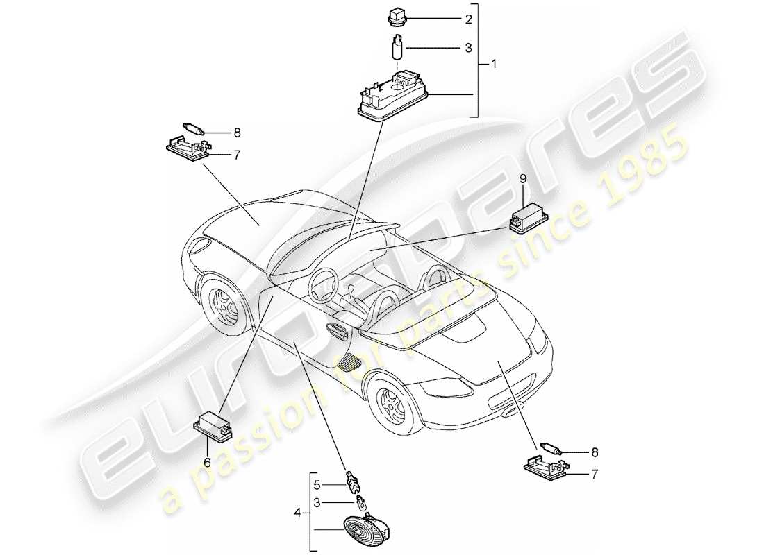 porsche 2005 (987 boxster) interior lighting luggage compartment lamp engine compartment light glove box light footwell light parts diagram