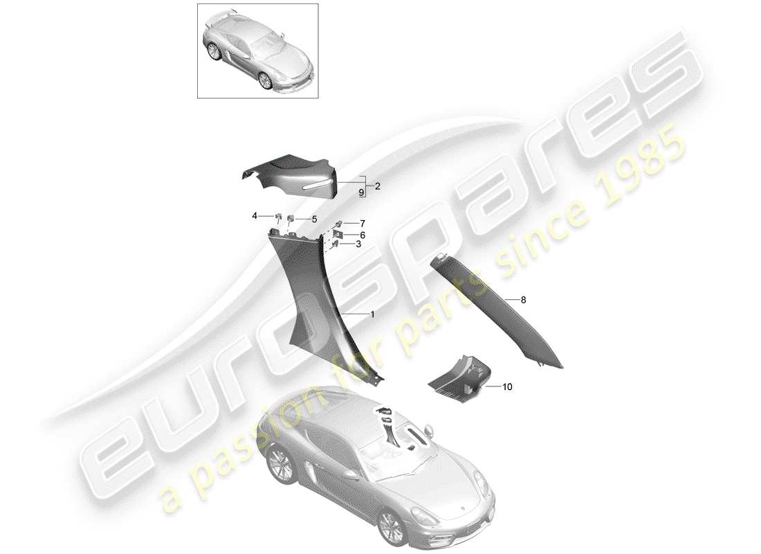 porsche 2016 (981 cayman gt4) trims a-pillar b-pillar scuttle cover part diagram