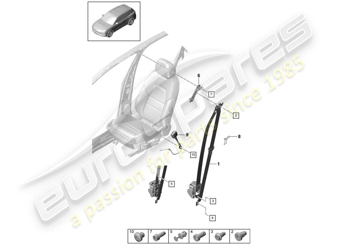 porsche 2019 (cayenne e3 9ya/9yb) three-point safety belt front belt latch parts diagram