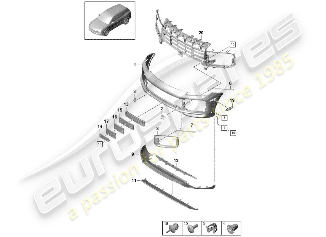 porsche 2019 (cayenne e3 9ya/9yb) bumper front turbo parts diagram