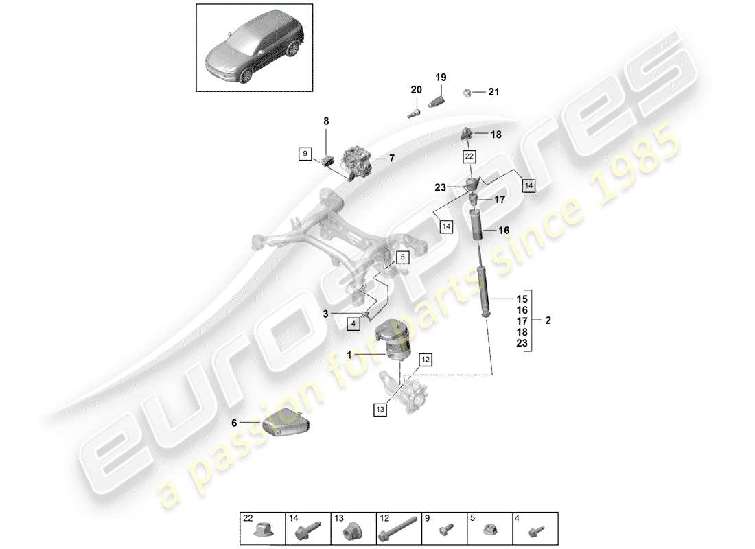porsche 2018 (cayenne e3 9ya/9yb) air suspension air spring shock absorbers level sensor parts diagram