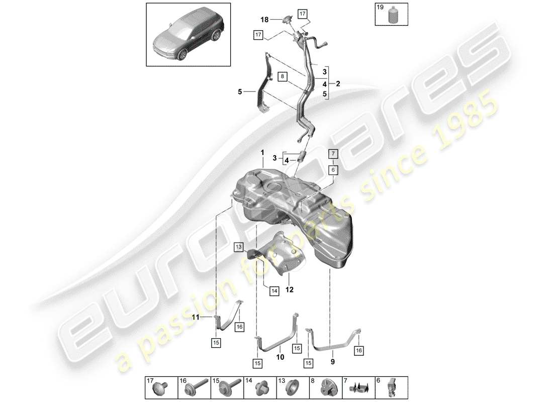 porsche 2018 (cayenne e3 9ya/9yb) fuel tank with attachments parts diagram