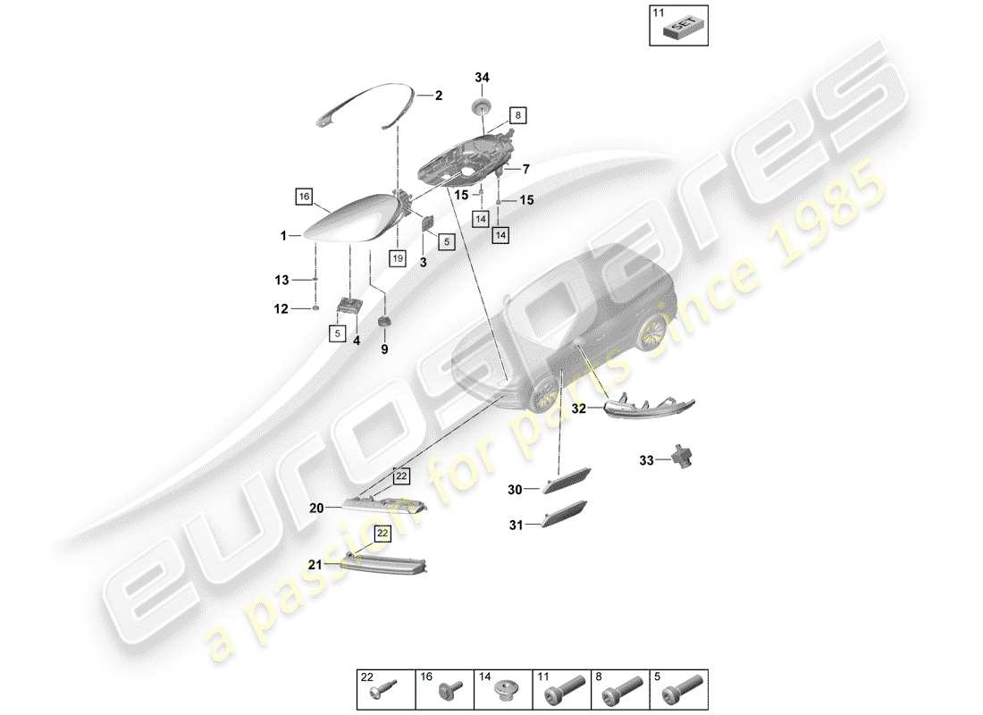 porsche 2018 (cayenne e3 9ya/9yb) led headlight turn signal repeater fog lights parts diagram