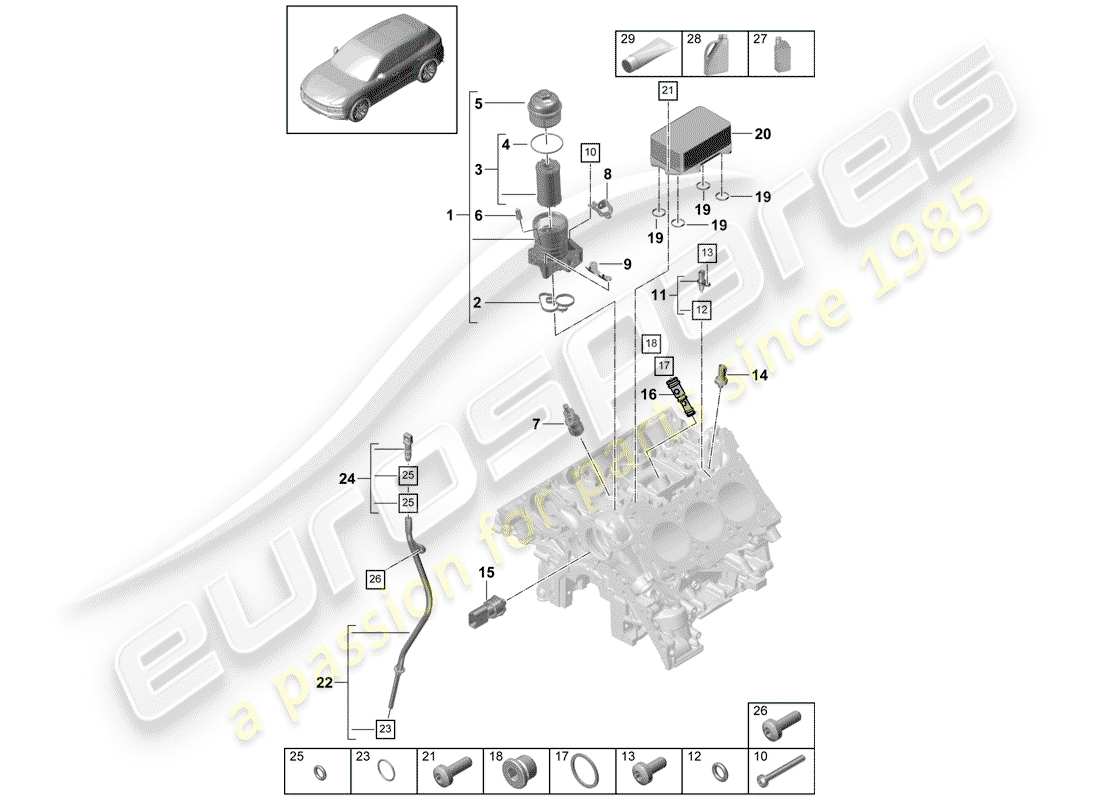 porsche 2018 (cayenne e3 9ya/9yb) oil filter console oil cooler parts diagram