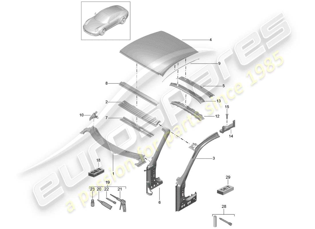 porsche 2014 (991-1) scuttle roof parts diagram
