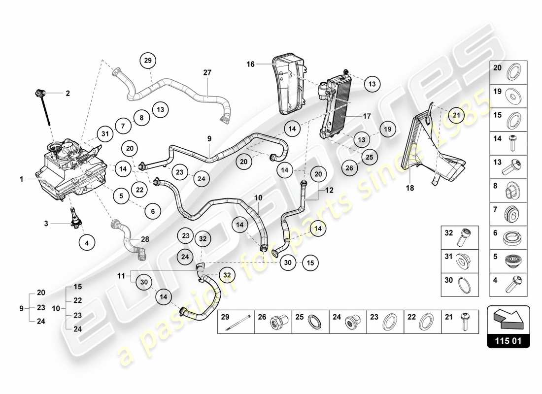 lamborghini performante spyder (2019) hydraulic system and fluid container with connect. pieces parts diagram