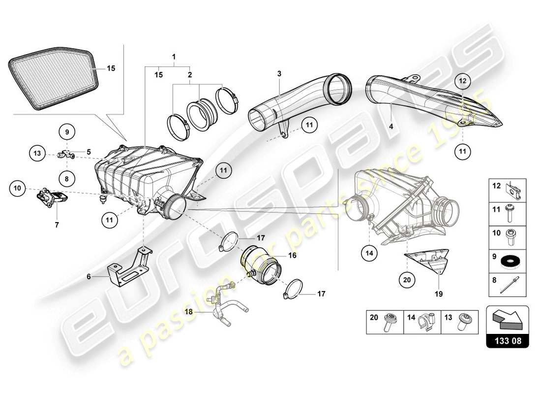 lamborghini evo coupe (2020) air filter housing parts diagram