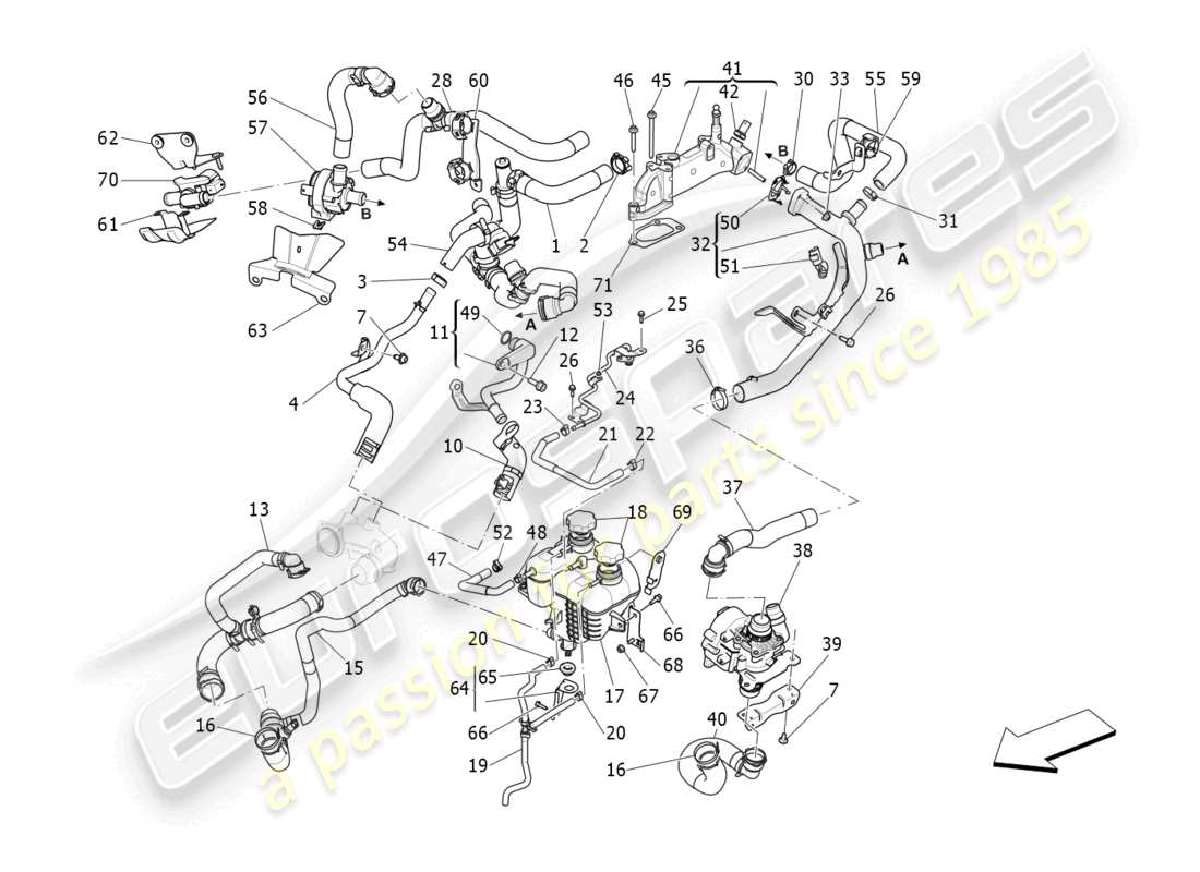 maserati levante gt (2022) cooling system: nourice and lines parts diagram