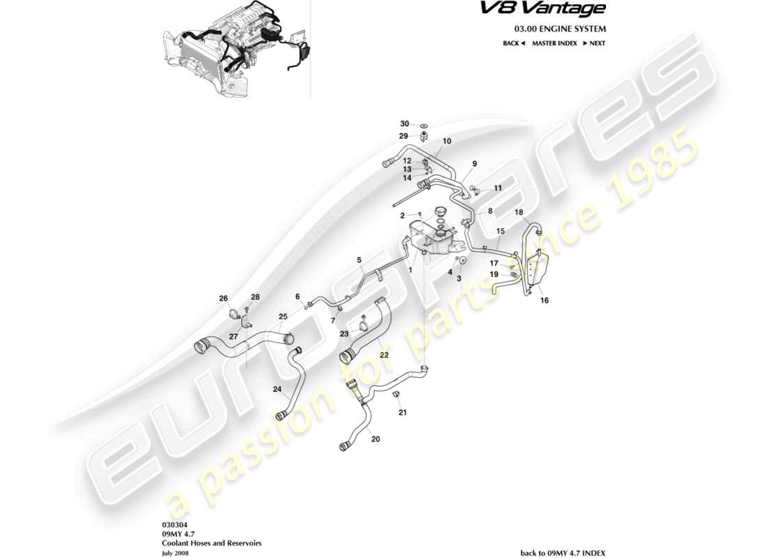 aston martin v8 vantage (2010) coolant hoses & reservoir part diagram