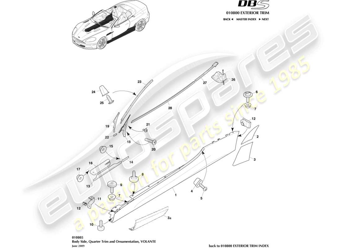 aston martin dbs (2007) bodyside & quarter trim, volante parts diagram
