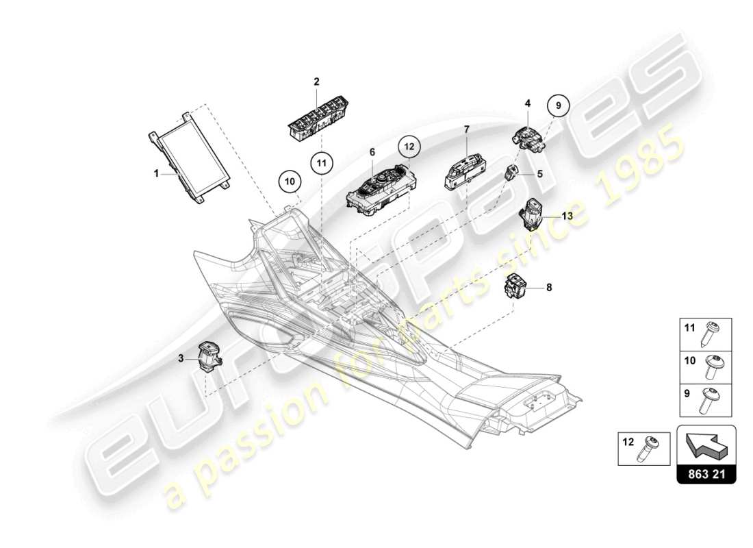 lamborghini sian (2021) switch unit tunnel parts diagram