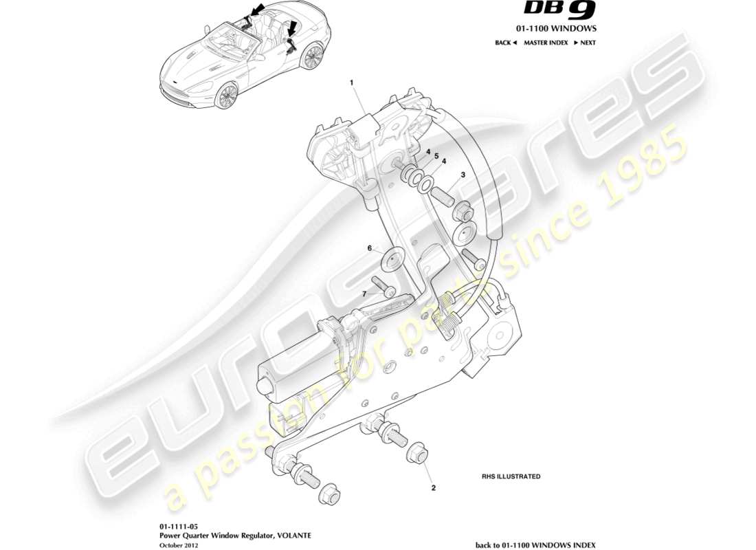 aston martin db9 (2015) rear quarter window regulator, volante parts diagram
