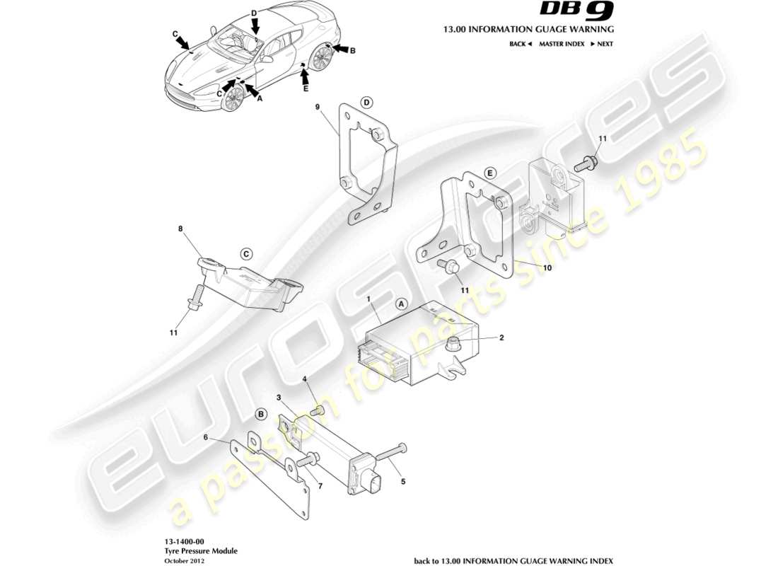 aston martin db9 (2015) tyre pressure module parts diagram