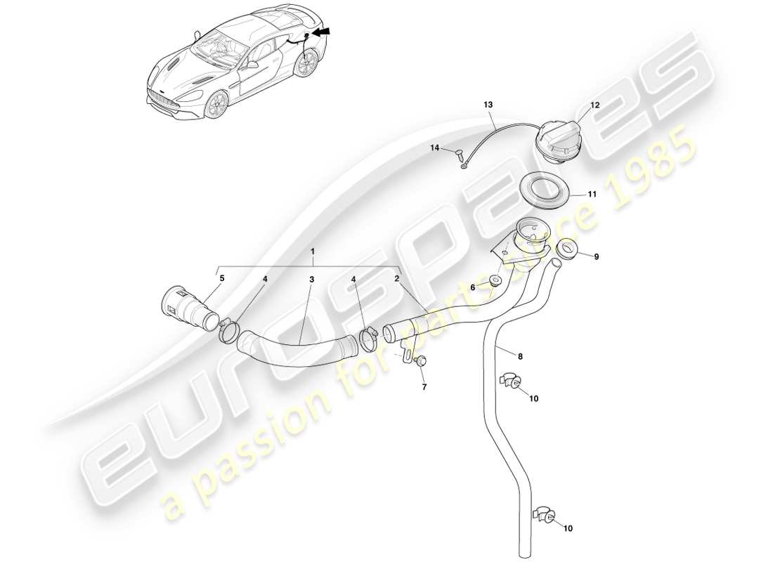 aston martin vanquish (2013) fuel filler assembly, coupe parts diagram