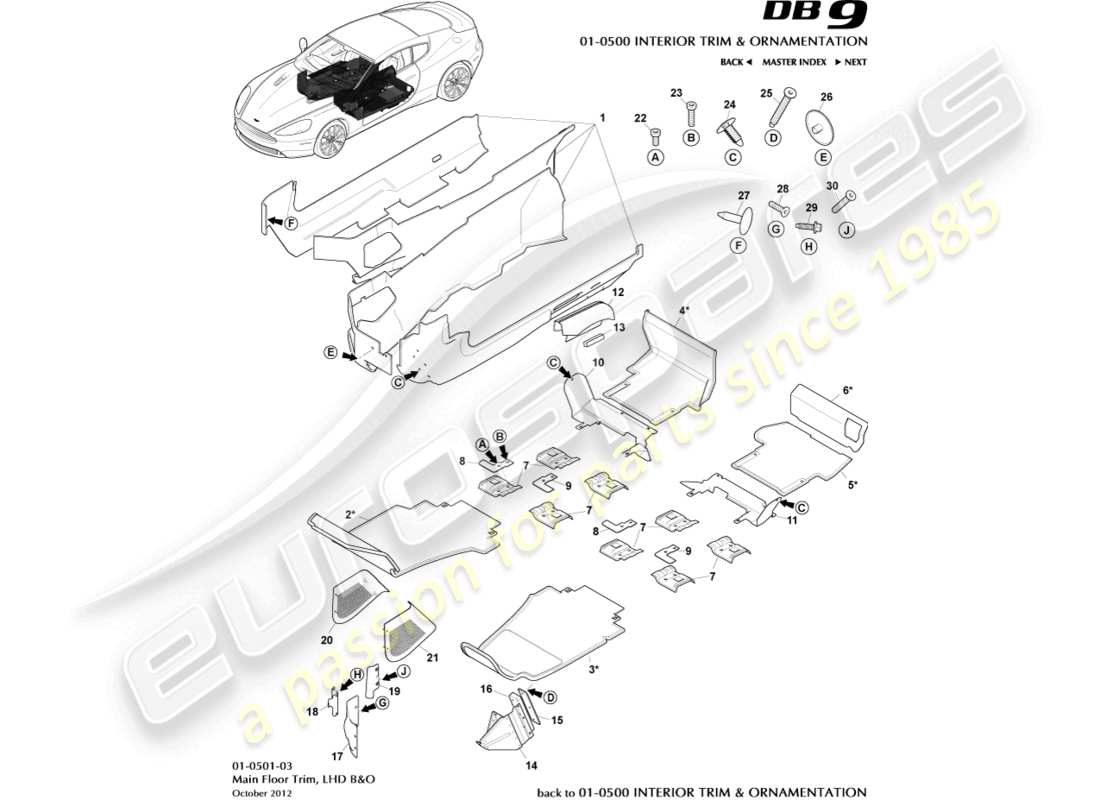 aston martin db9 (2015) main floor trim, lhd, b&o parts diagram
