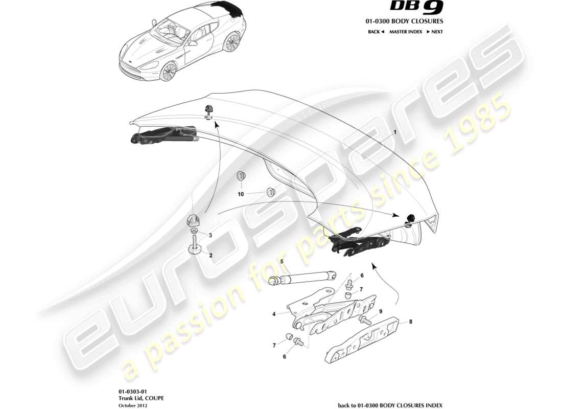 aston martin db9 (2017) trunk lid & hinge, coupe part diagram