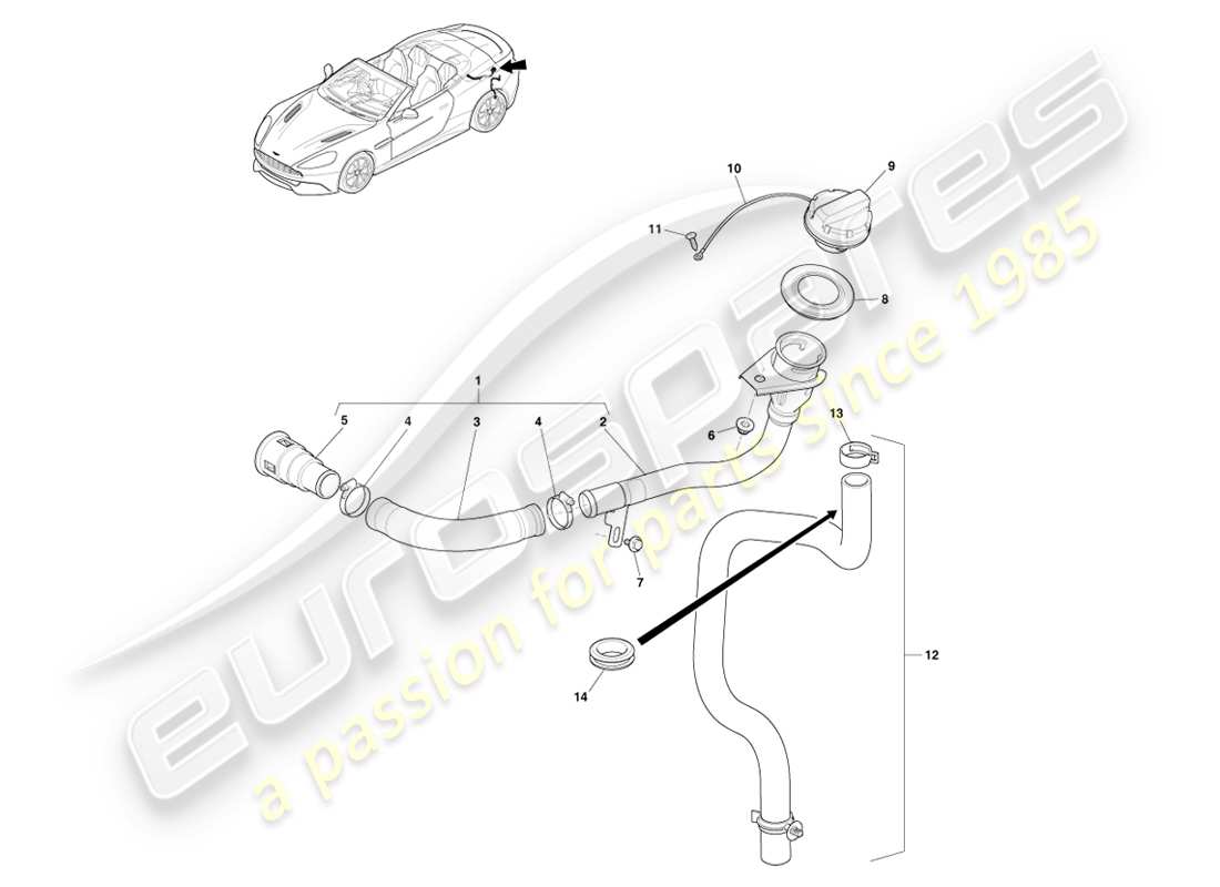 aston martin vanquish (2013) fuel filler assembly, volante parts diagram