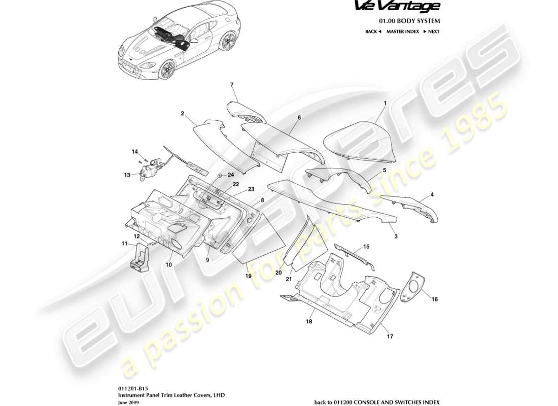 aston martin v12 vantage (2013) instrument panel, lhd part diagram