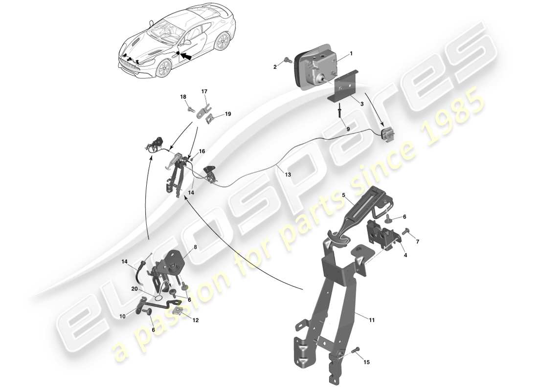 aston martin vanquish (2014) bonnet latch & actuation part diagram