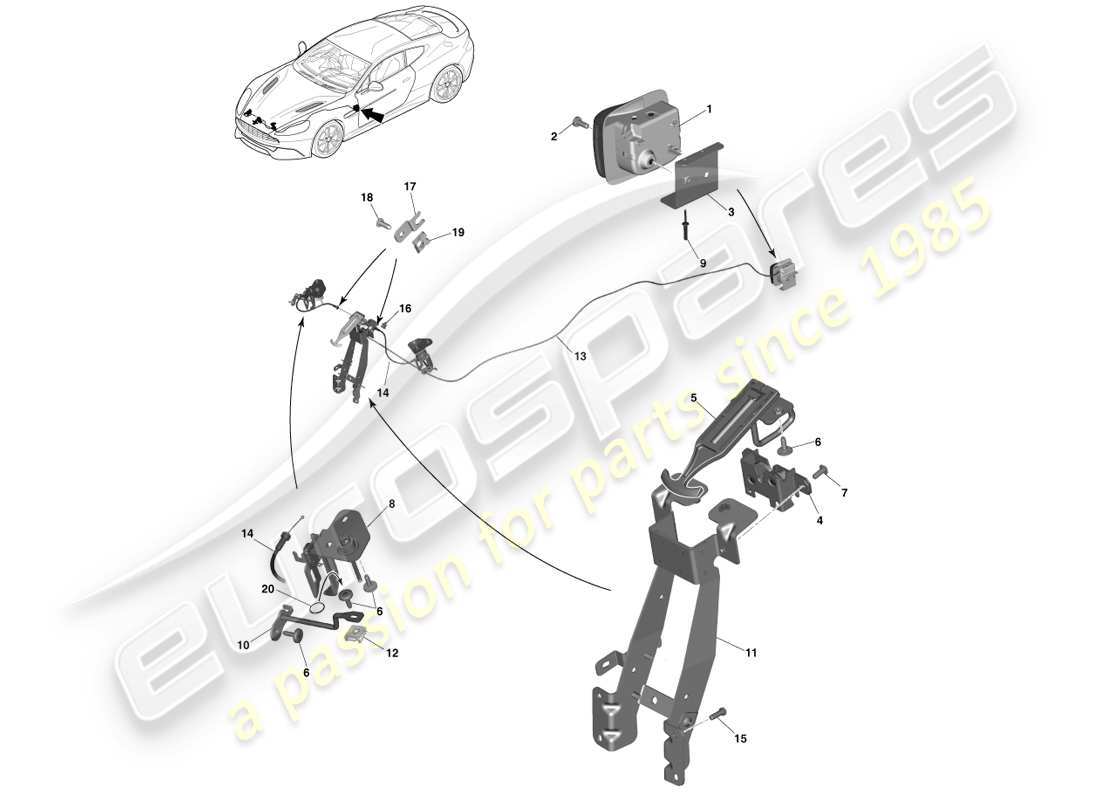 aston martin vanquish (2013) bonnet latch & actuation parts diagram