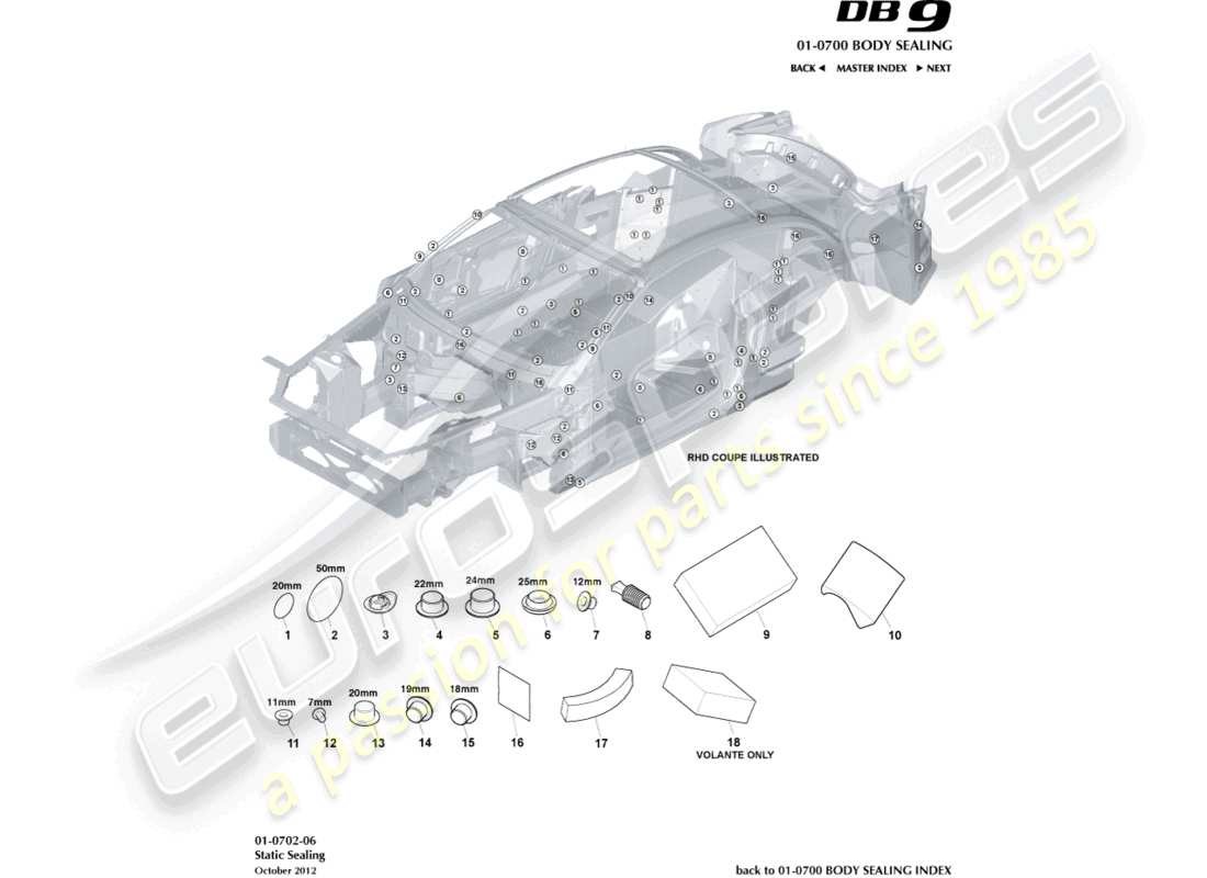 aston martin db9 (2014) static sealing parts diagram