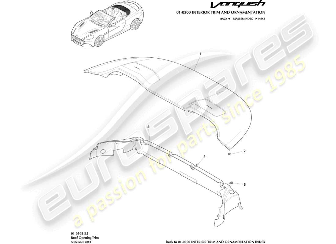 aston martin vanquish (2017) roof opening trim, volante part diagram