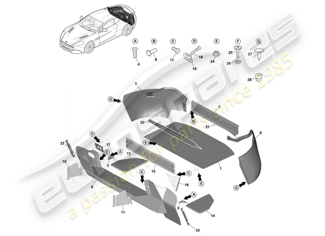 aston martin vanquish (2013) load compartment trim, coupe parts diagram