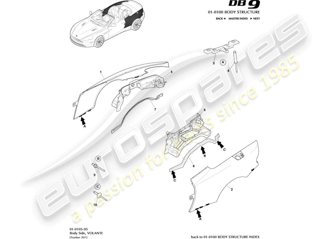 aston martin db9 (2013) body side, volante parts diagram
