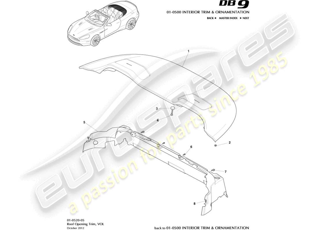 aston martin db9 (2015) roof opening trim, volante parts diagram