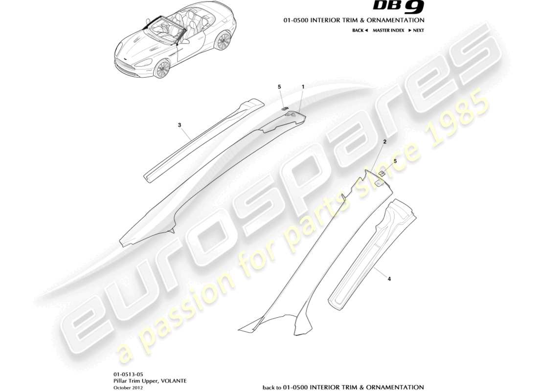 aston martin db9 (2014) pillar trim, upper, volante parts diagram