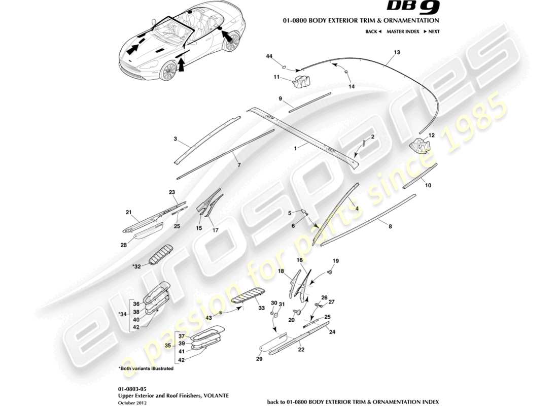 aston martin db9 (2014) upper exterior finishers, volante parts diagram