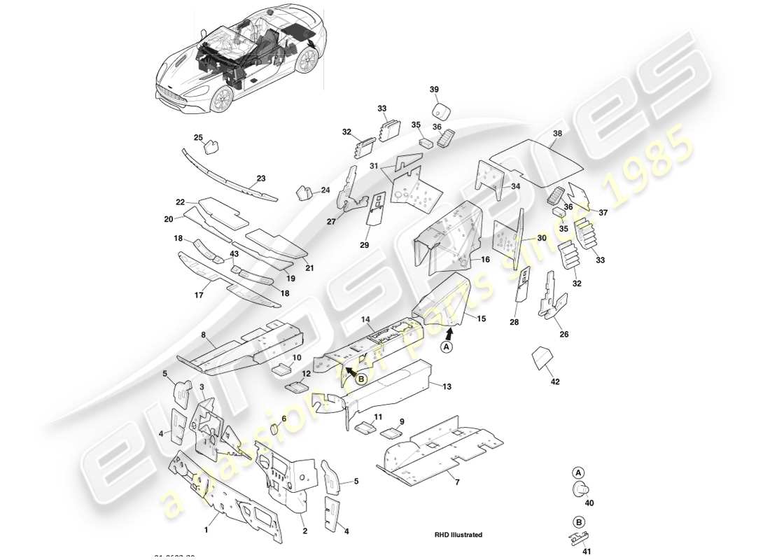aston martin vanquish (2013) noise insulation, volante parts diagram