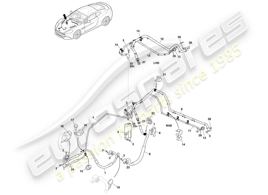aston martin vanquish (2013) air con lines, r134a gas parts diagram
