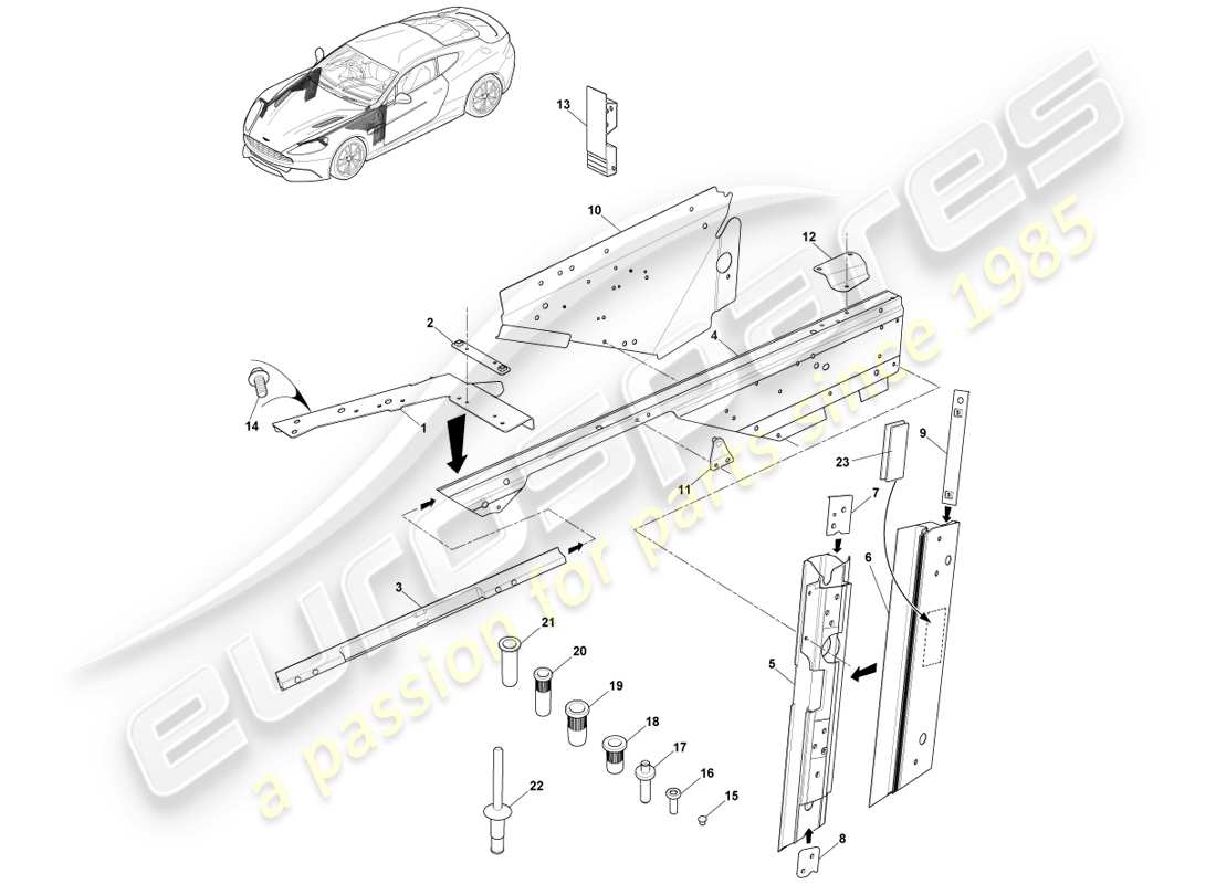 aston martin vanquish (2013) body frame, front parts diagram