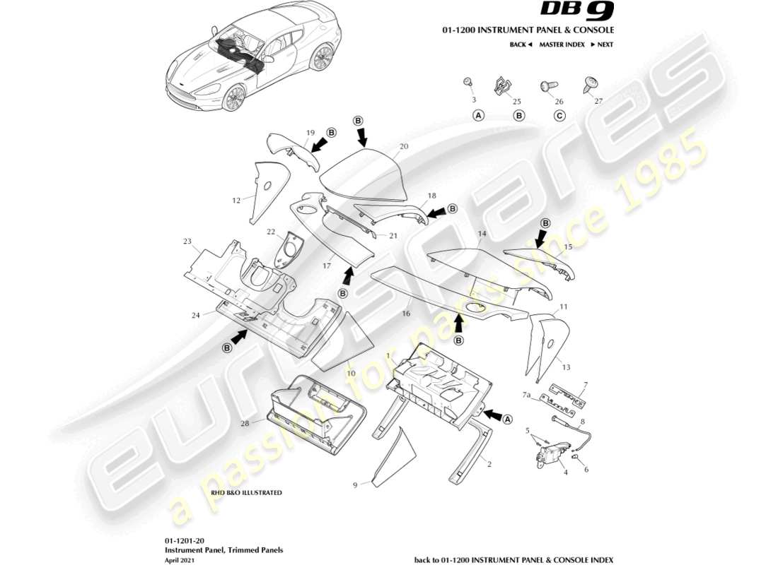 aston martin db9 (2015) ip trimmed panels parts diagram