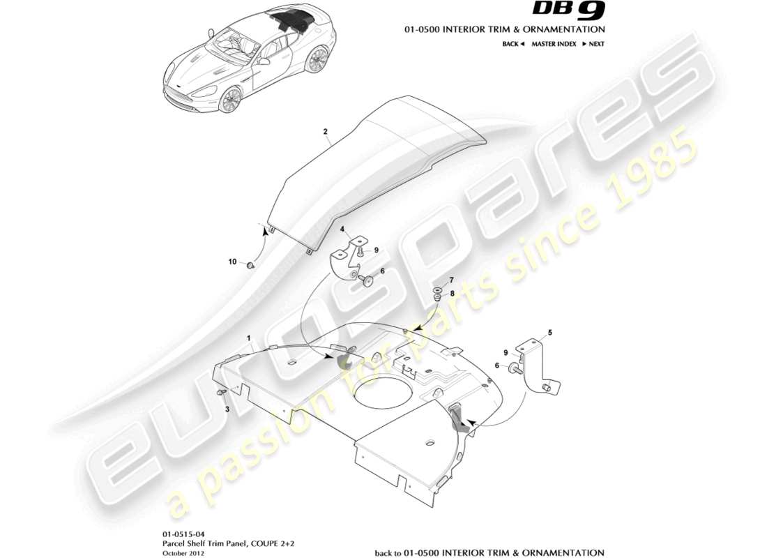 aston martin db9 (2014) parcel shelf trim panel, 2+2 coupe parts diagram