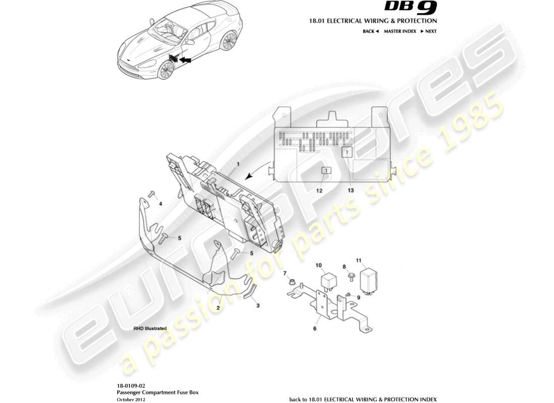 aston martin db9 (2014) passenger compartment fusebox parts diagram