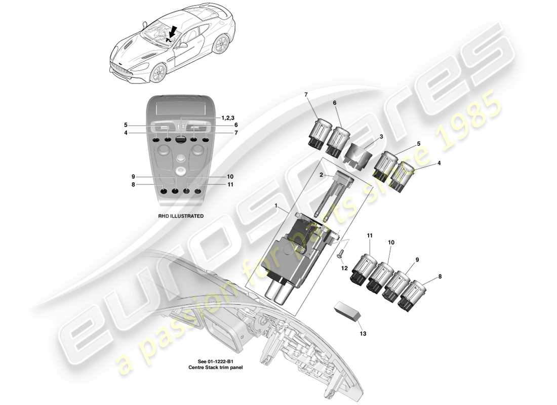 aston martin vanquish (2013) centre console switches parts diagram